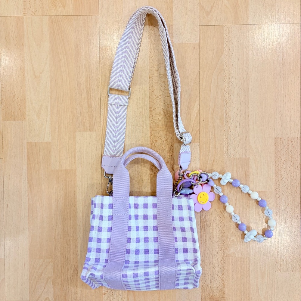 Ragomseoul | Gingham purple crossbody bag with cloud  bead strap